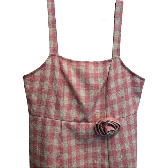 Cider Pink Gingham Square Neck Rosette Check Split Mini Dress Curve & Plus 1XL - Picture 6 of 13